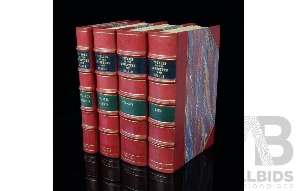 Voyages of the Adventure and Beagle, King, Fitzroy & Darwin, Henry Colburn, London, 1839, Three Volume Set with Appendix Fourth Volume Including Some Original Maps, Re Bound in Quarter Leather with Marbled Papers