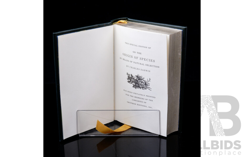 Onthe Origina of Species, Charles Darwin, Privatly Printed for the Members of the Libraries of Gryphon Editions, 1987, Full Cow Hide Binding with 22 Karat Gold Gilding
