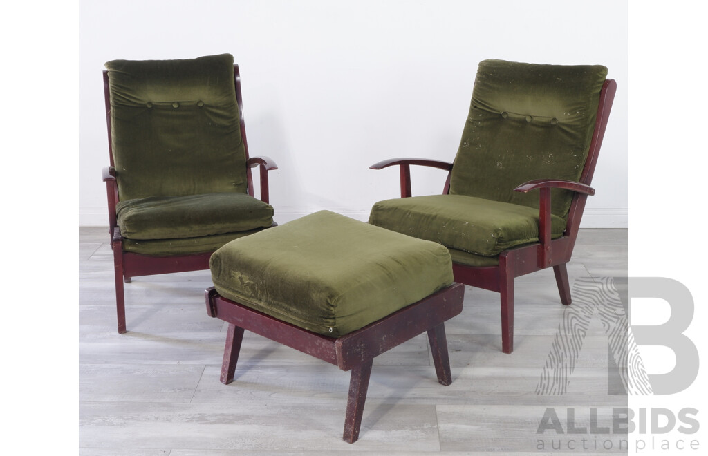 Pair of Vintsage Blackwoof Lounge Chairs with Footstool