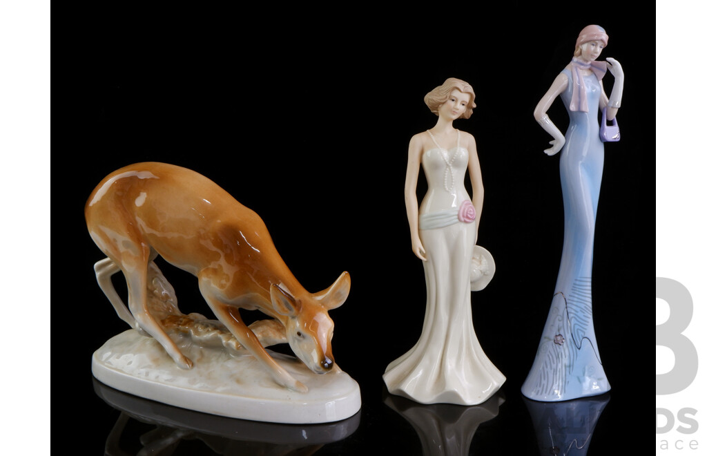 Hand Made and Painted Czech Deer Model, Marks to Base, Along with Porcelain Female Figures by Regal and Andora