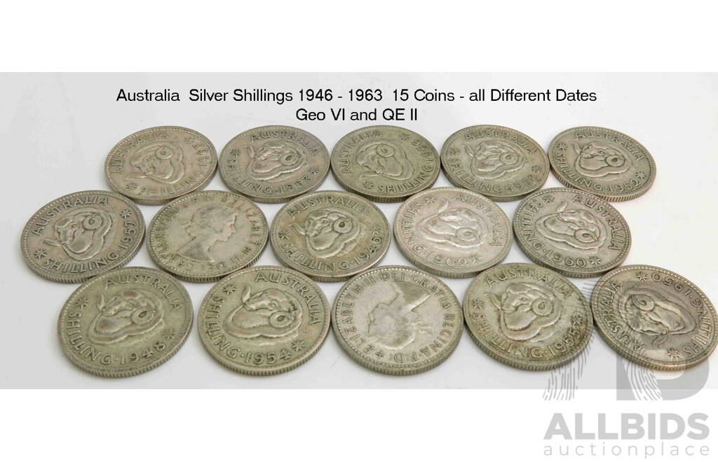 AUSTRALIA: Collection of 15 Silver Shillings - all different dates