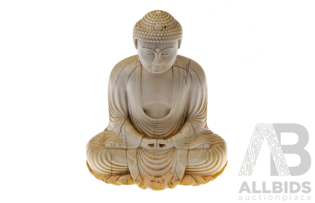 Vintage Hand Carved Japanese Ivory Daibutsu Karakuma Buddha, Mark to Base