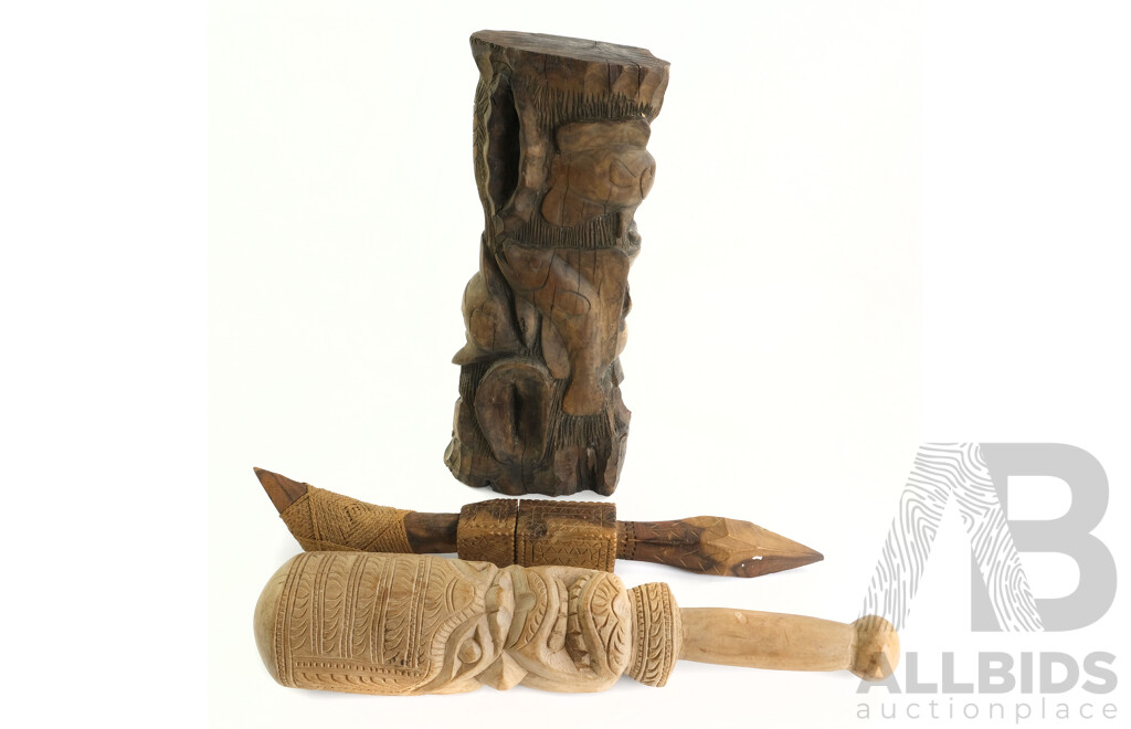 Oceanic Carved Wood Adze Handle. Together with Hawaiian tiki club; and unknown hardwood fish sculpture