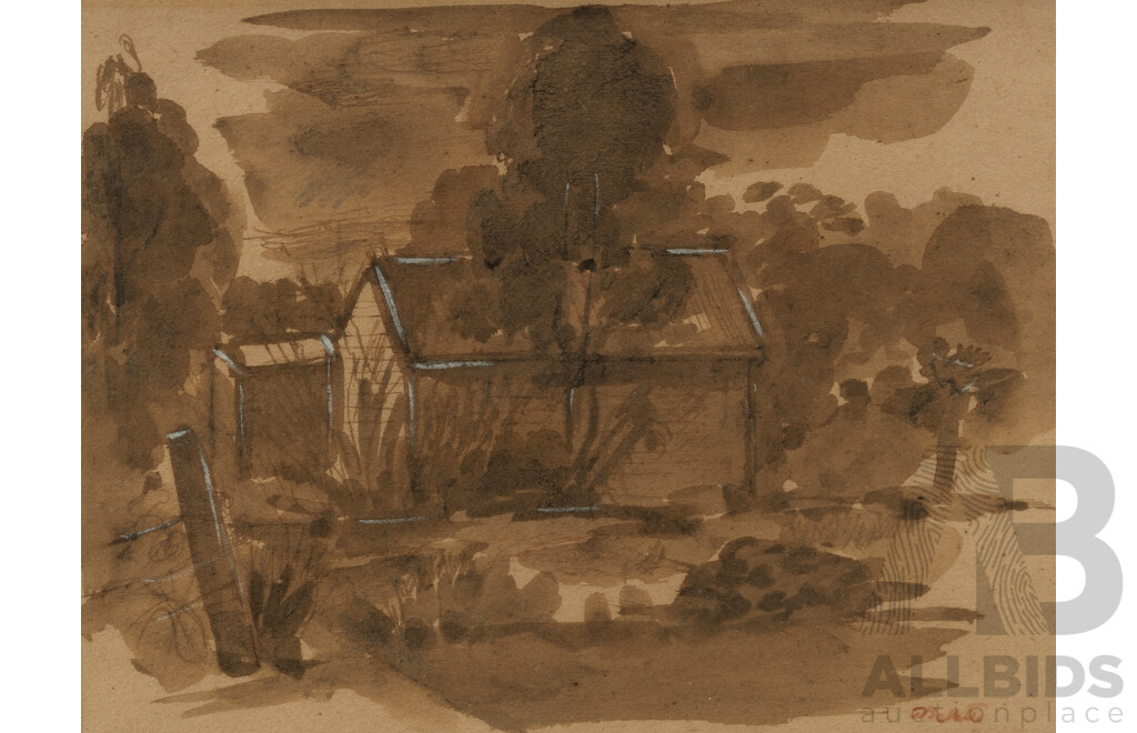 Jean Mary Bellette (1908-1991), House with Trees, c.1945., Ink Wash & Gouache