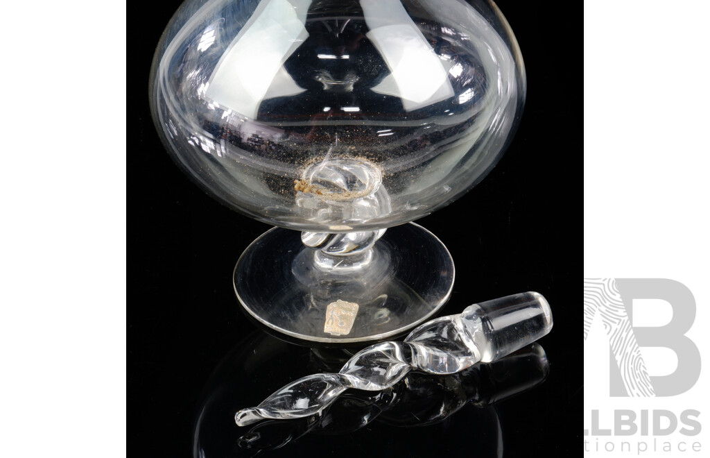 Retro Swedish Hand Made Glass Footed Decanter with Spiral Form Stopper by Johan Fors with Original Label
