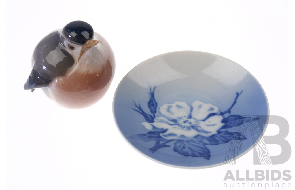 Two Royal Copenhagen Porcelain Pieces Comprising Bird Figure and Small Plate, Marks to Base