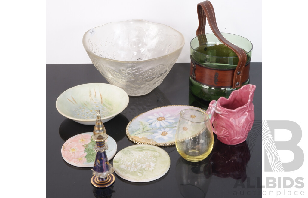 Collection Decorator Items Including Hand Blown Venetian Glass Perfume Bottle, Four Hand Painted Items and More