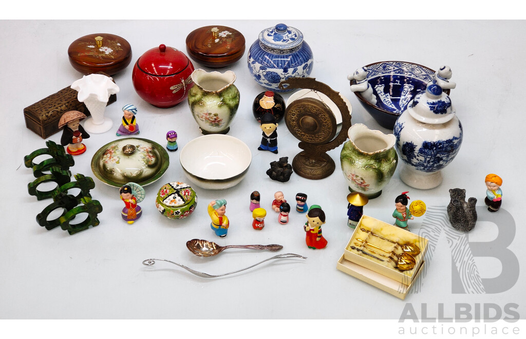 Group of Asian Ornaments and Collectables Including Two Vintage Athol Morris Calendars