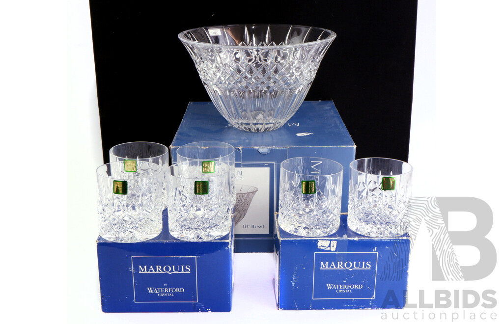Marquis by Waterford Crystal, Shelton Collection Large Crystal Bowl Along with Set Six Marquis Laurent Crystal Tublers, All in Original Boxes