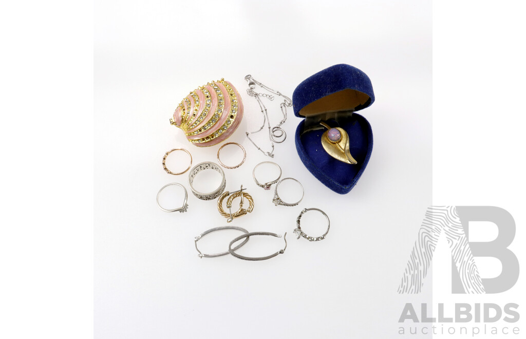 Sterling Silver Rings, Opal Triplet Brooch, Enamel Trinket Box and Other Jewellery Items