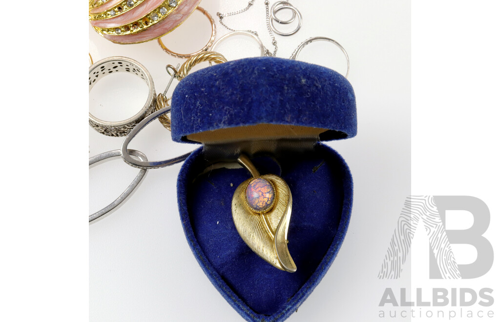 Sterling Silver Rings, Opal Triplet Brooch, Enamel Trinket Box and Other Jewellery Items