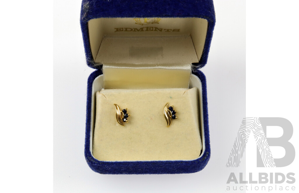 Vintage 9ct Yellow Gold & Natural Sapphire Studs, 0.69 Grams, 10mm Long in Original 'Edments' Box
