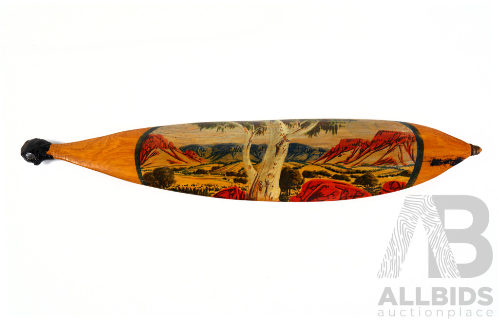 Keith Namatjira (1938-1977), Central Australian Landscape, Watercolour, Ink & Synthetic Binder on Mulga Wood  Woomera