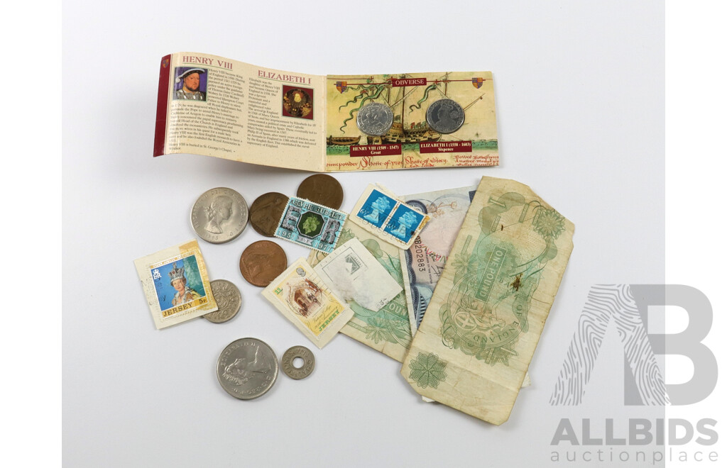 Collection of Currency and Stamps and Commemorative Coins From United Kingdom, Jersey, New Zealan and Fiji