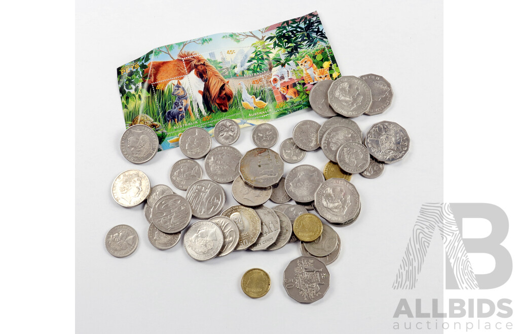 Collection of Australian Commemorative Coins and Stamps Including Coloured Two Dollar Coins, Fifty Cent Coins and More