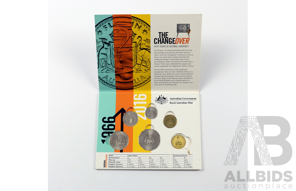Australian 2016 Coin Set - the Changeover Fifty Years of Decimal Currency