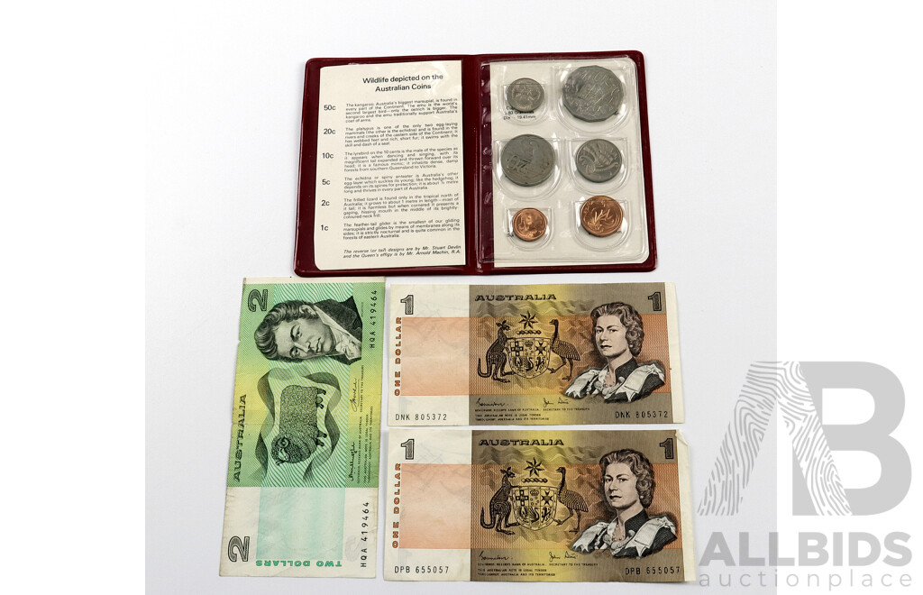 Australian One and Two Dollar Paper Notes with 1978 Coin Folder