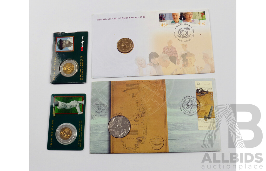 Australian Ram 1996 Five Dollar Coins, Donald Bradman(2) 1999 International Year of the Older Person PNC and 1998 Bass/Flinders,PNC