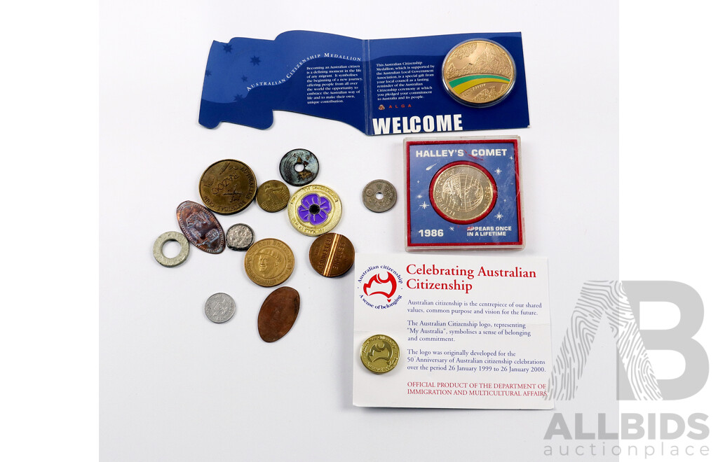 Collection of Coins and Medallions Including Halley's Comet, Razoo Coin, Italian Phone Token and More