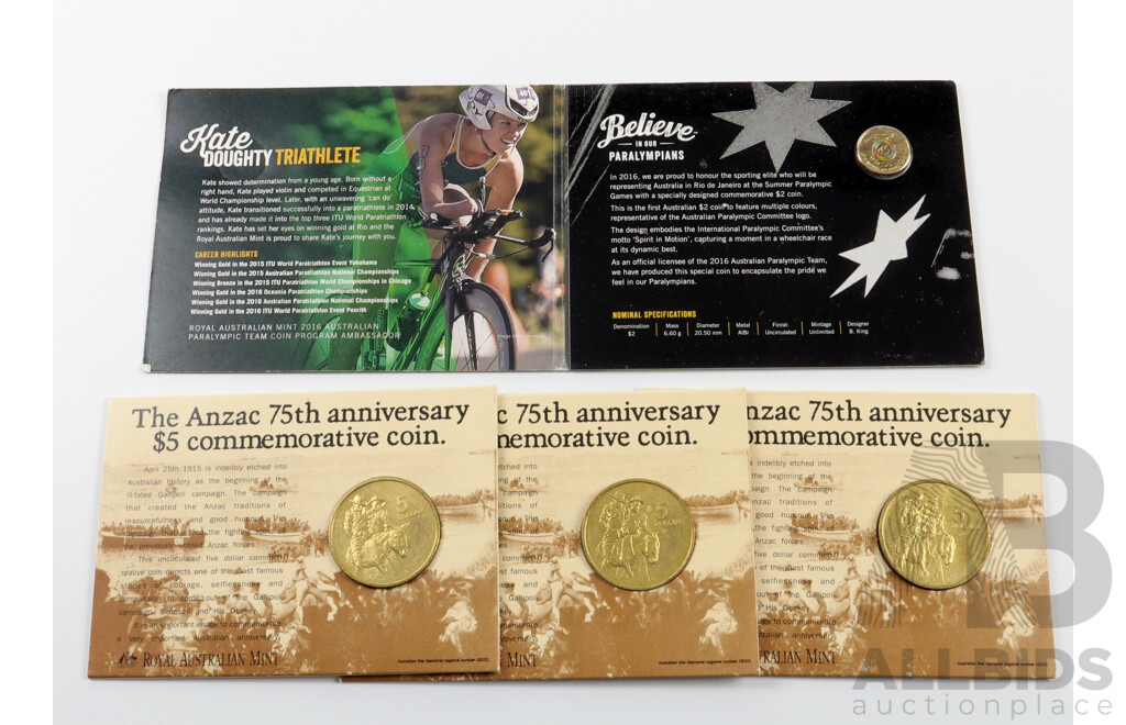 Australian RAM 2016 Paralympic Team Coin Set and Three 1990 Five Dollar ANZAC Commemorative Coins
