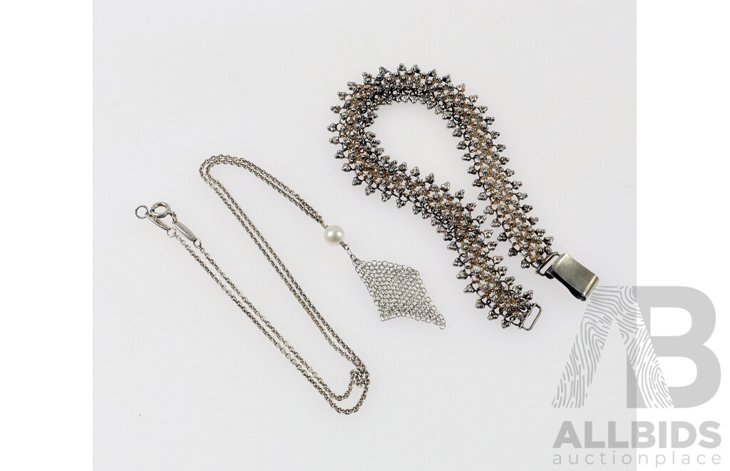 Sterling Silver Rosette Bracelet & FW Cultured Pearl & Mesh Necklace