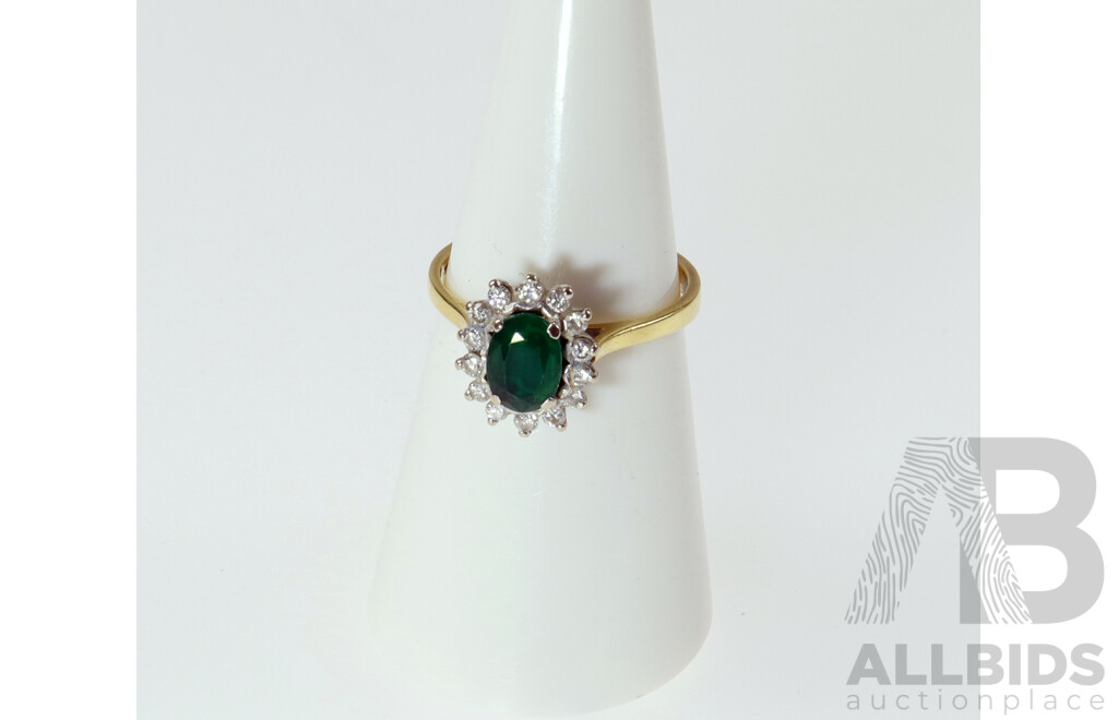18ct Natural Emerald & Diamond Halo Ring, Size N 1/2, .3.63 Grams