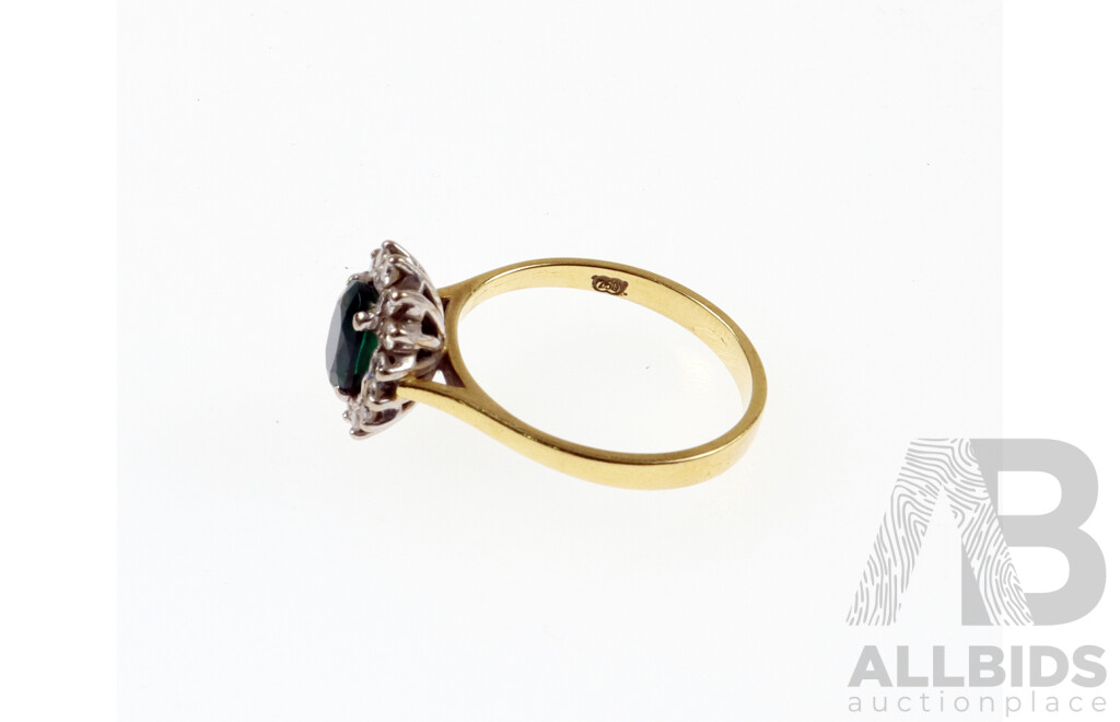 18ct Natural Emerald & Diamond Halo Ring, Size N 1/2, .3.63 Grams