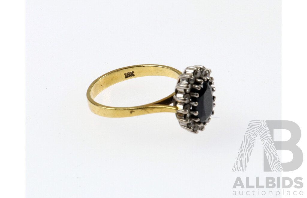 18ct Classic Sapphire & Diamond Halo Ring, Size M, 3.92 Grams