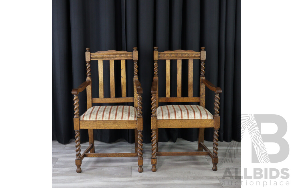 Pair of English Carved Oak Barley Twist Carver Chairs