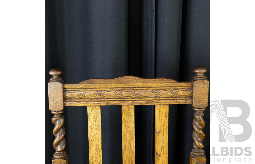 Pair of English Carved Oak Barley Twist Carver Chairs