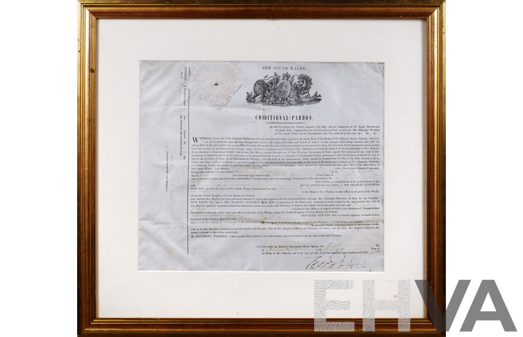 New South Wales Conditional Convict Pardon - Convict James Cottrell, Dated 1848, Signed by the Govenor of New South Wales, Charles Fitzroy
