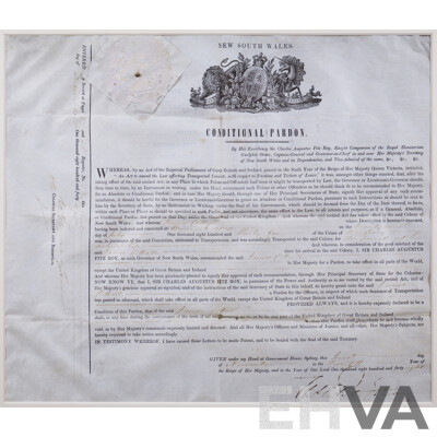New South Wales Conditional Convict Pardon - Convict James Cottrell, Dated 1848, Signed by the Govenor of New South Wales, Charles Fitzroy