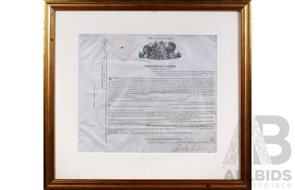 New South Wales Conditional Convict Pardon - Convict James Cottrell, Dated 1848, Signed by the Govenor of New South Wales, Charles Fitzroy