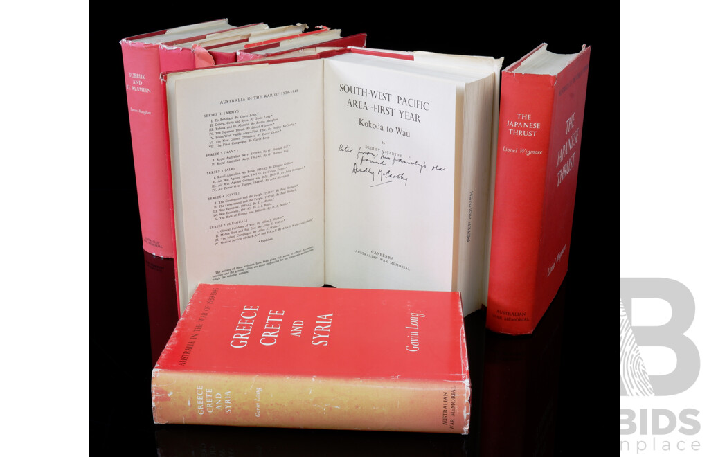 Seven Volume Set, Australia in the War of 1939 to 1945, Series One, Army,  Various Authors, Canberra War Memorial, Hardcovers with Dust Jackets, Includes Volume Five Signed by the Author