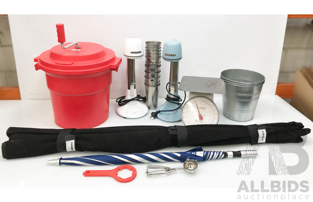 Assorted Lot of Cooking Equipment (Milkshake Utensils, Salad Rinser...) and Outdoor Equipment