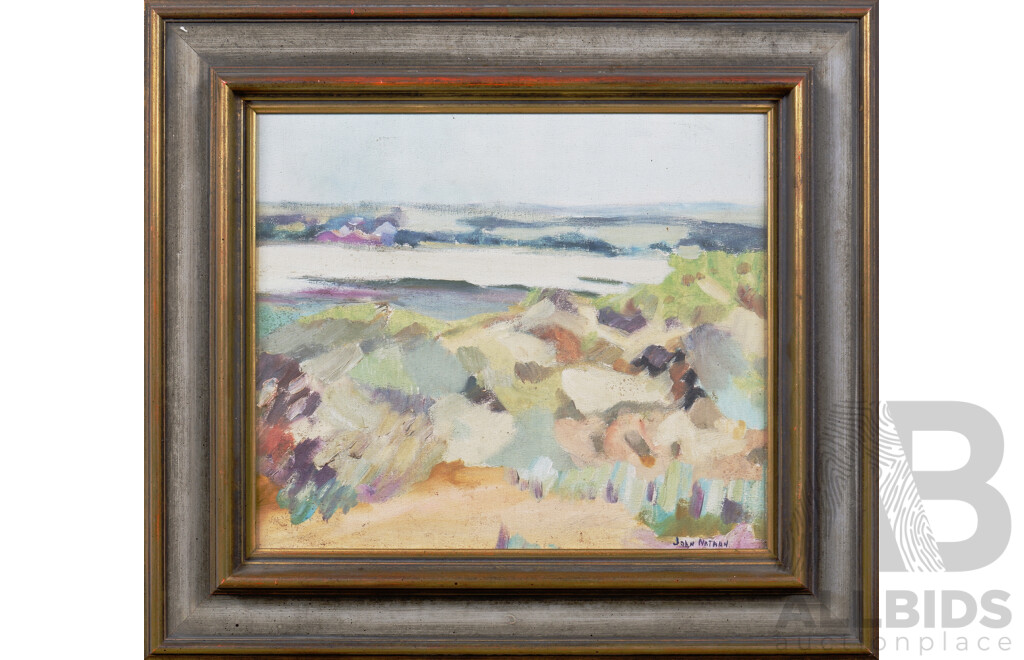Joan Nathan, Untitled (Landscape Scene with Houses), Oil on Canvas on Board