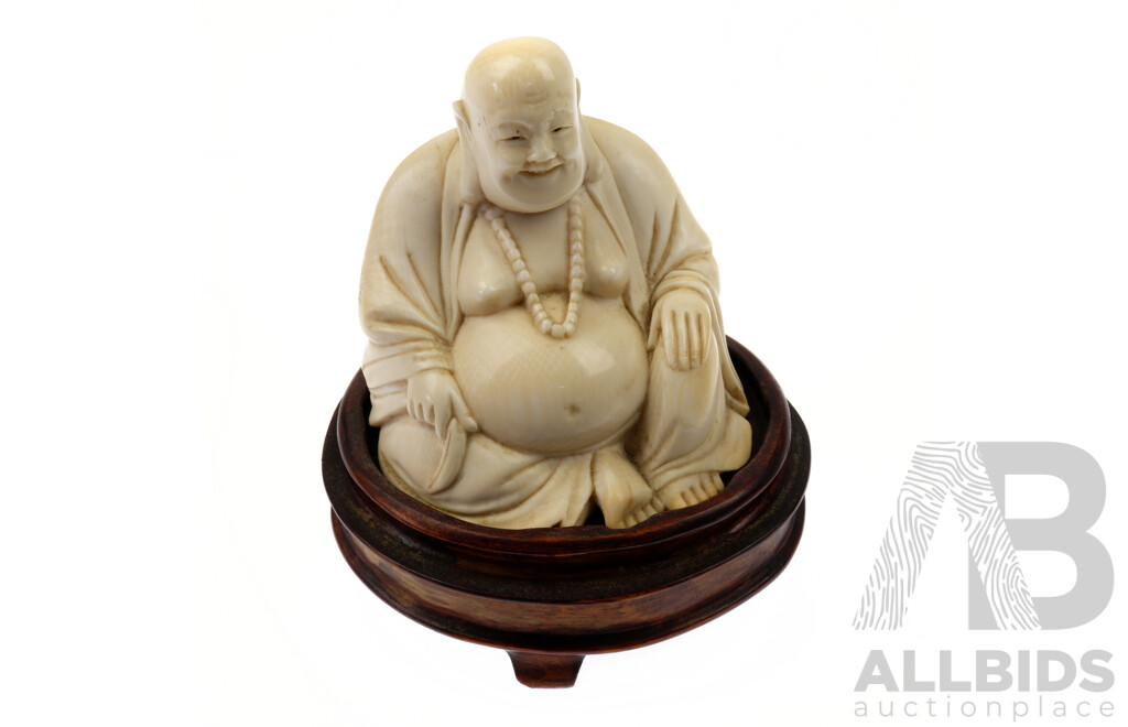 Hand Carved Ivory Chinese Seated Buddha Figure on Bespoke Wooden Stand