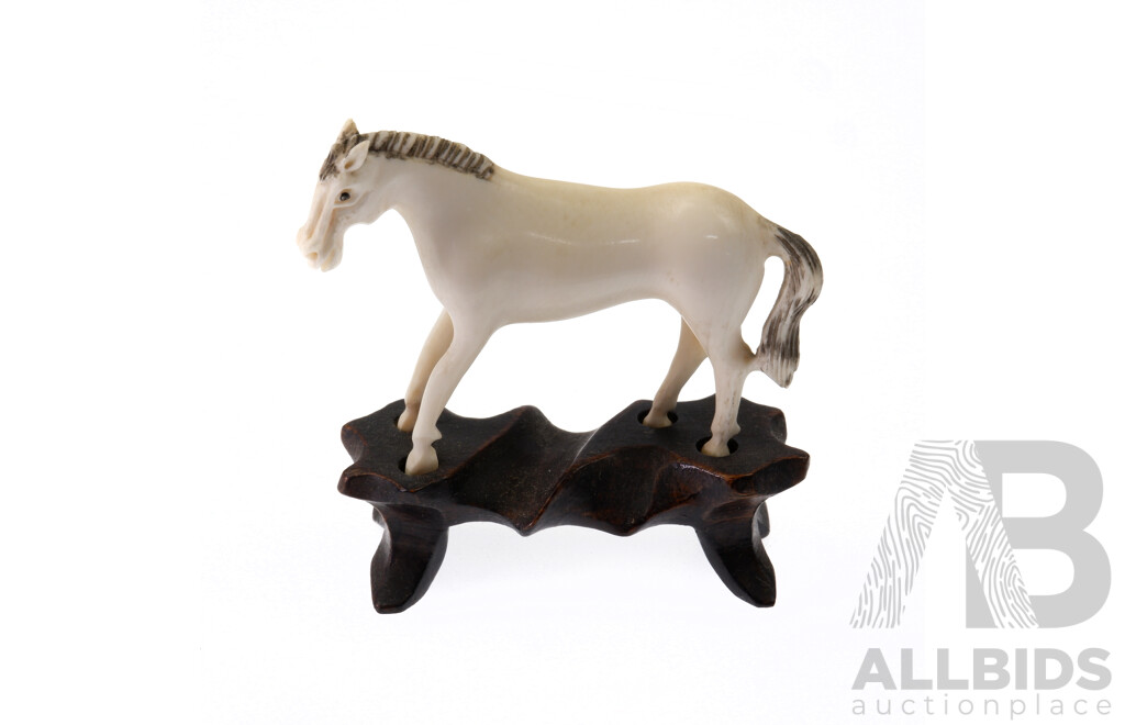 Hand Carved Asian Ivory Horse Figure on Bespoke Wooden Stand