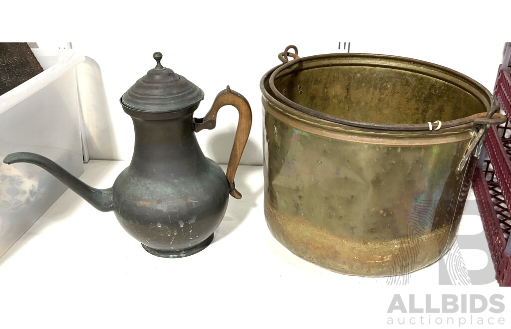 Large Brass Bucket with Handle Along with Large Copper Ewer