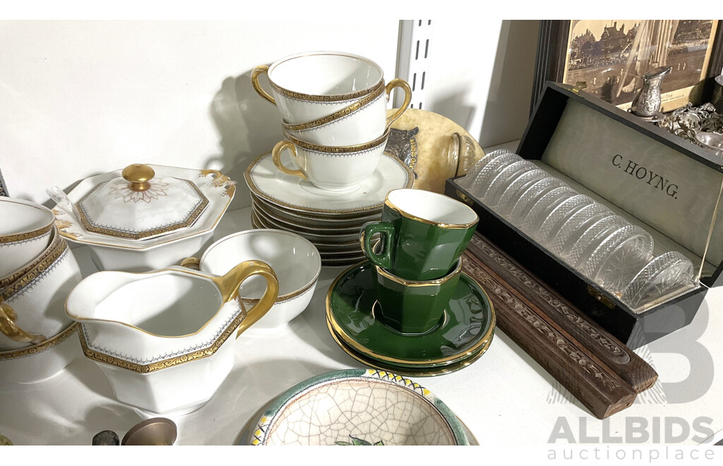 Collection Vintage Items Including Two Winterling Duos, 18 Piece Princess China Tea Set, Chip Carved Glove Box, Set 11 Furniture Coasters in Original Case and More