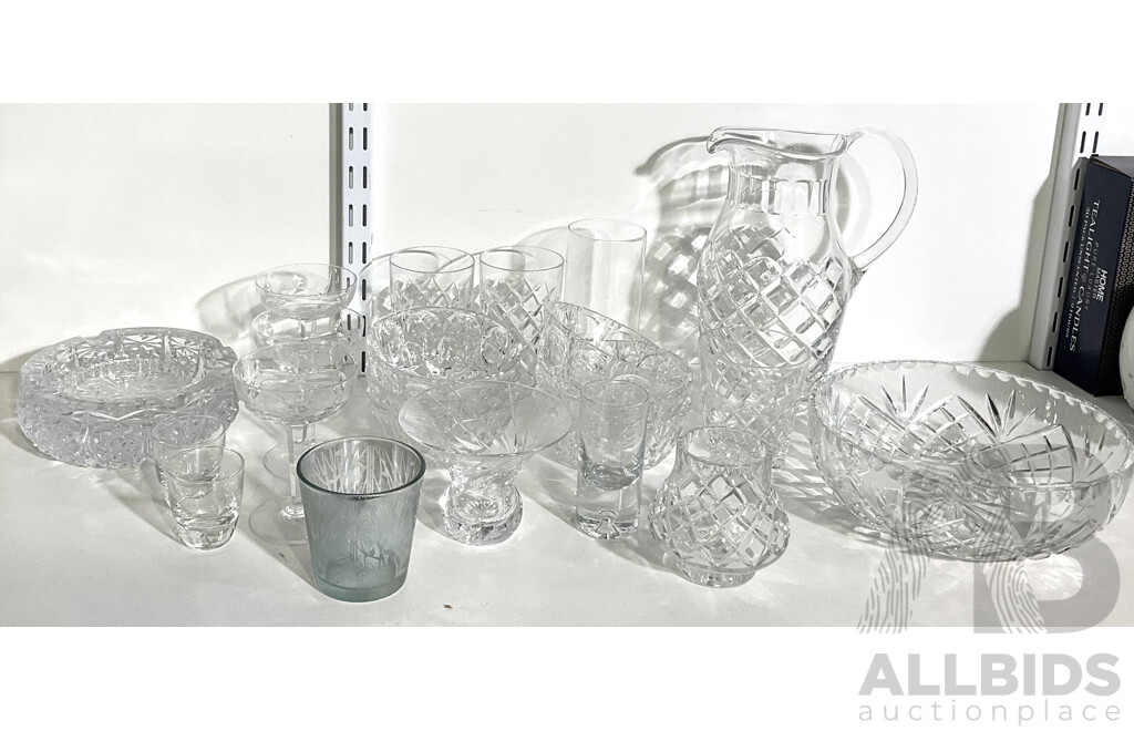 Collection Vintage Crystal Pieces Including Jug, Ashtrays, Set Eight Shallow Bowls and More