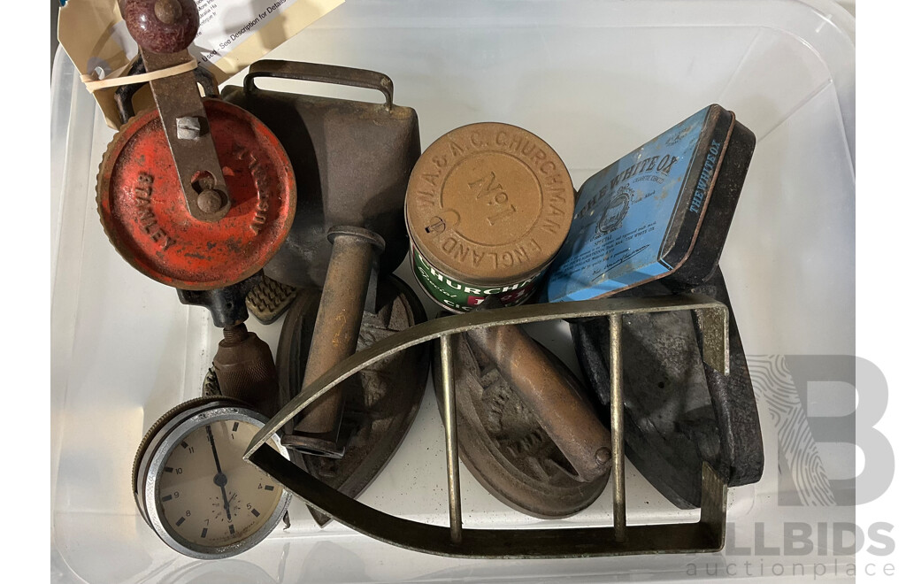 Collection Vintage Tools, Tobacco Tins and More Including Stanley Australia Hand Drill, Three Antique Irons and More