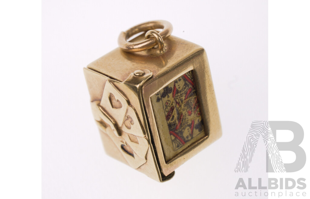 9ct Rare 'Box of Playing Cards' Charm with Real Miniature Cards Inside Box, 2.41 Grams, Hallmarked 'GJLD'