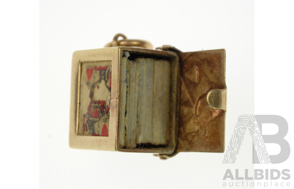 9ct Rare 'Box of Playing Cards' Charm with Real Miniature Cards Inside Box, 2.41 Grams, Hallmarked 'GJLD'