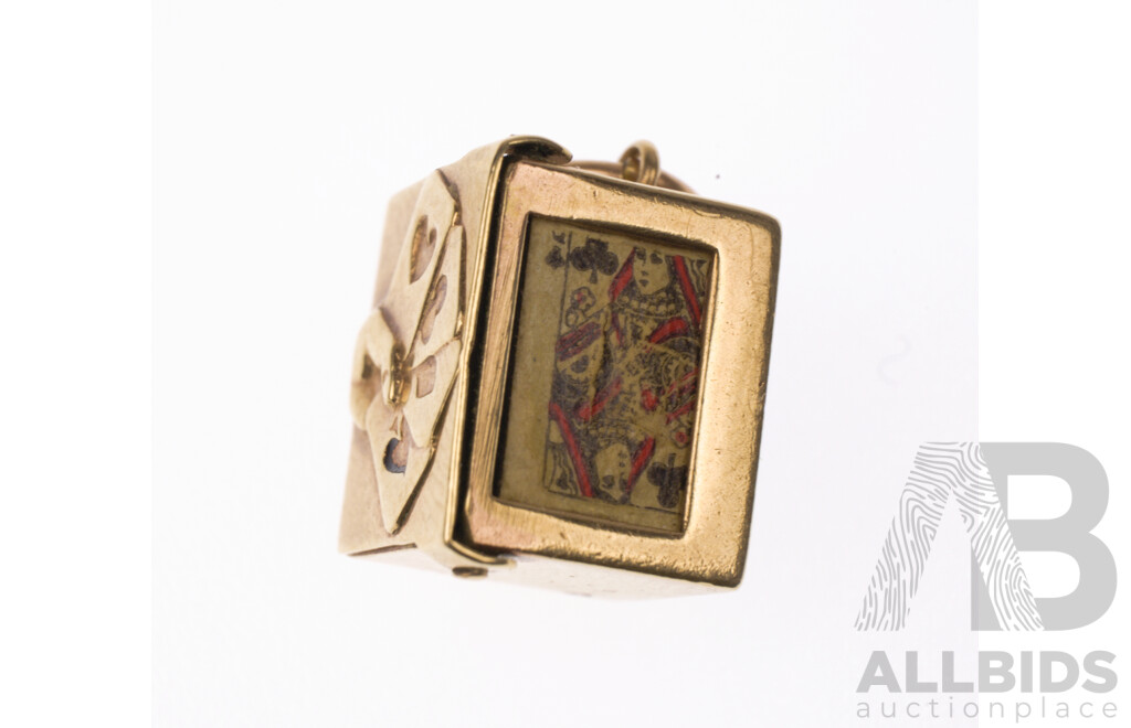 9ct Rare 'Box of Playing Cards' Charm with Real Miniature Cards Inside Box, 2.41 Grams, Hallmarked 'GJLD'