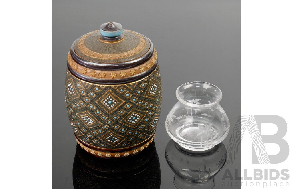 Antique Doulton Lambeth Hand Decorated Lidded Jar Along with Stuart Crystal Vase with Etched Decoration