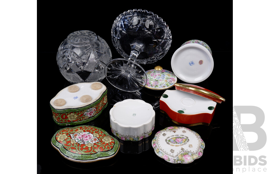 Four Continental Porcelain Lidded Boxes Along with Two Crystal Pieces