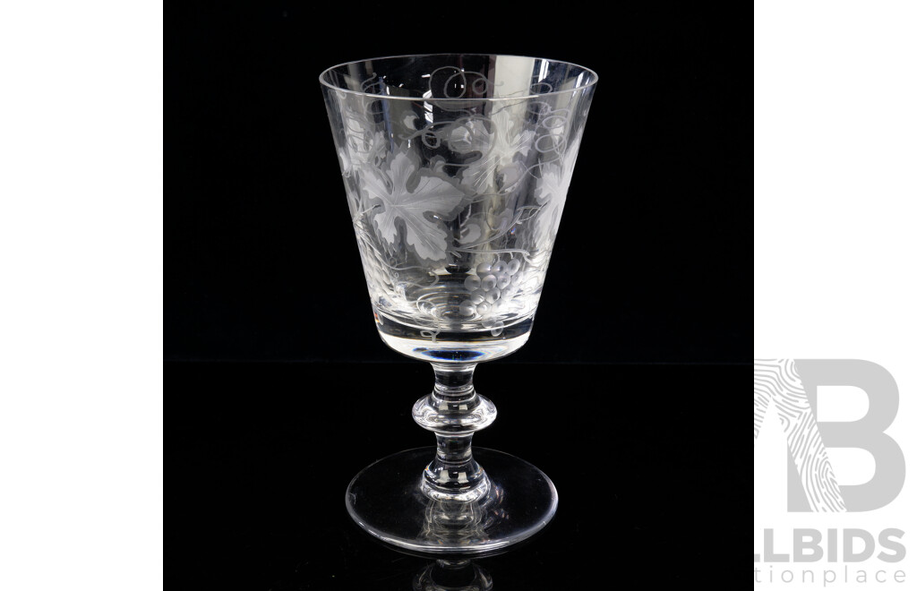 Very Large French Crystal Goblet with Engraved Grape Motif, Inscribed to Base
