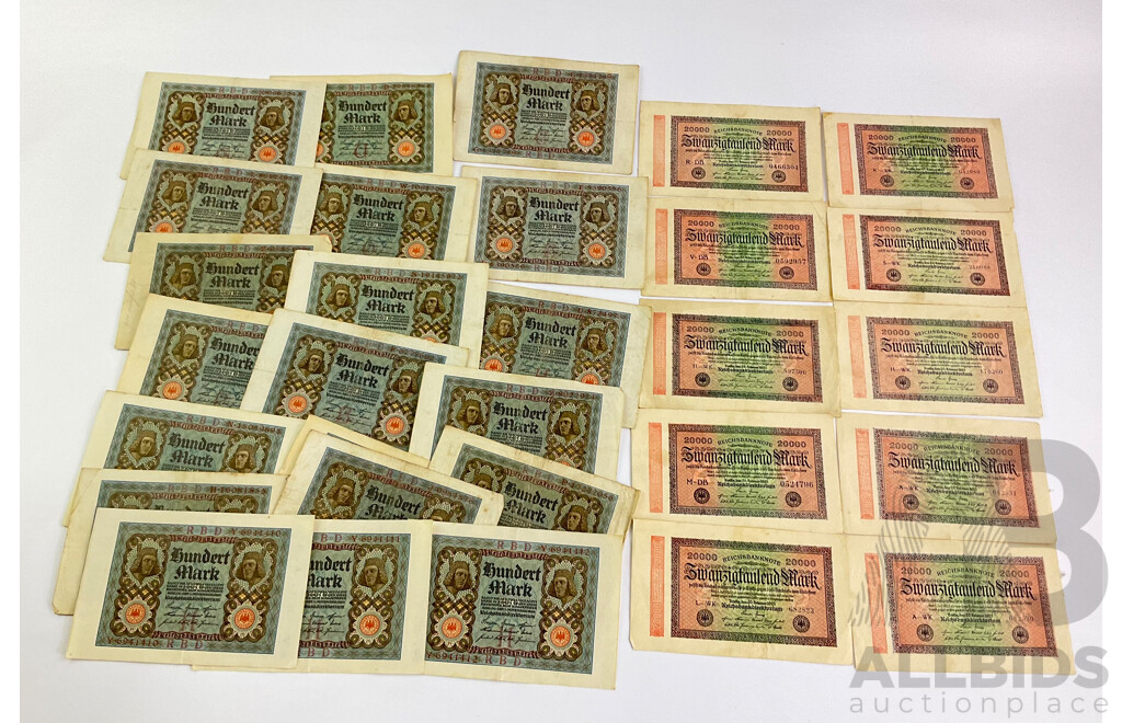 German Paper Bank Notes, November 1920 100 Mark Bank Notes Including Three Consecutive Y6941410 - Y6941412 and February 1923 20000 Mark Including Two Consecutive 682530 - 682531