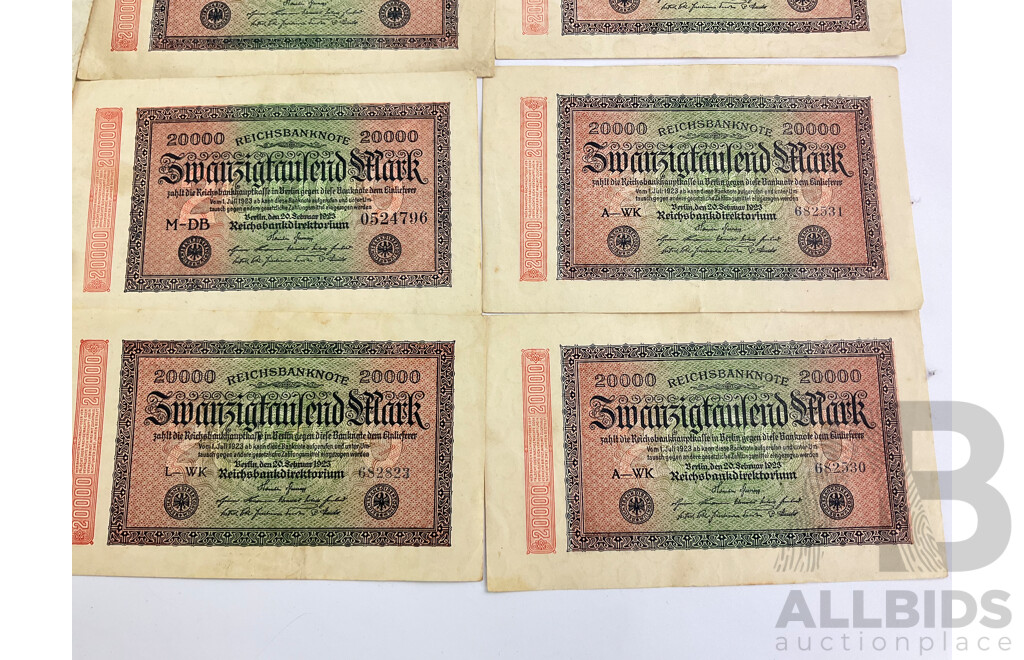 German Paper Bank Notes, November 1920 100 Mark Bank Notes Including Three Consecutive Y6941410 - Y6941412 and February 1923 20000 Mark Including Two Consecutive 682530 - 682531